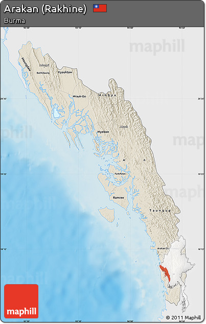 Shaded Relief Map of Arakan (Rakhine), single color outside