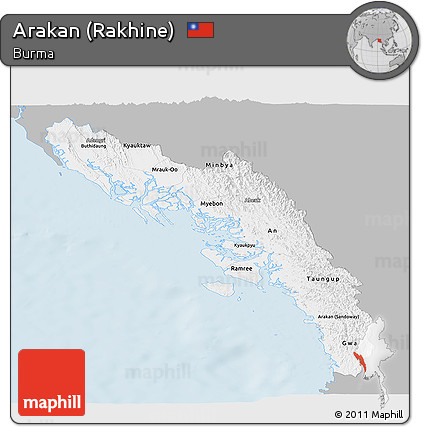 Gray Panoramic Map of Arakan (Rakhine), single color outside
