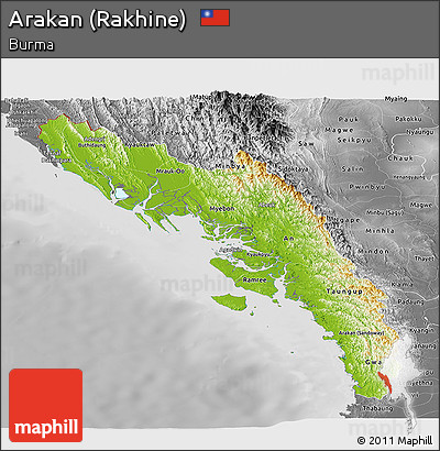Physical Panoramic Map of Arakan (Rakhine), desaturated