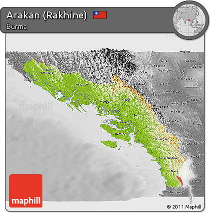 Physical Panoramic Map of Arakan (Rakhine), desaturated