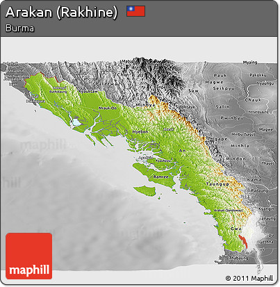 Physical Panoramic Map of Arakan (Rakhine), desaturated