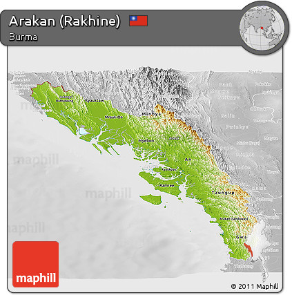 Physical Panoramic Map of Arakan (Rakhine), lighten, desaturated