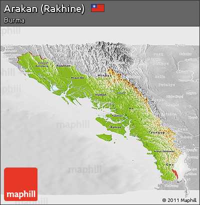 Physical Panoramic Map of Arakan (Rakhine), lighten, desaturated