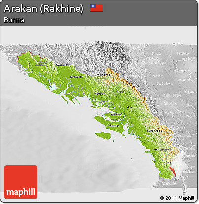 Physical Panoramic Map of Arakan (Rakhine), lighten, desaturated