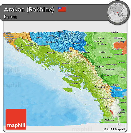 Physical Panoramic Map of Arakan (Rakhine), political shades outside