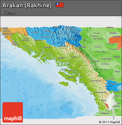 Physical Panoramic Map of Arakan (Rakhine), political shades outside