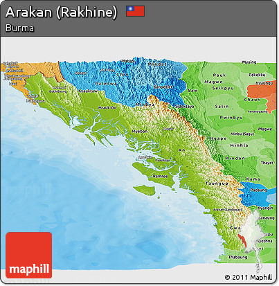 Physical Panoramic Map of Arakan (Rakhine), political shades outside