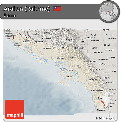 Shaded Relief Panoramic Map of Arakan (Rakhine), semi-desaturated