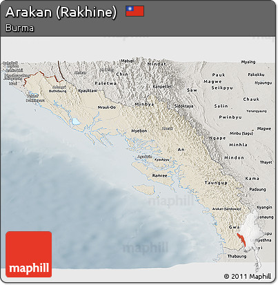 Shaded Relief Panoramic Map of Arakan (Rakhine), semi-desaturated