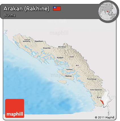 Shaded Relief Panoramic Map of Arakan (Rakhine), single color outside