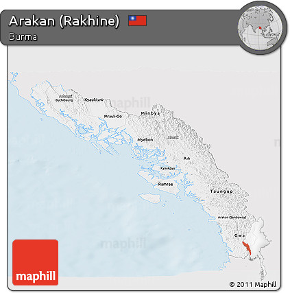 Silver Style Panoramic Map of Arakan (Rakhine), single color outside