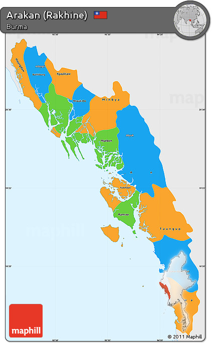 Political Simple Map of Arakan (Rakhine), single color outside