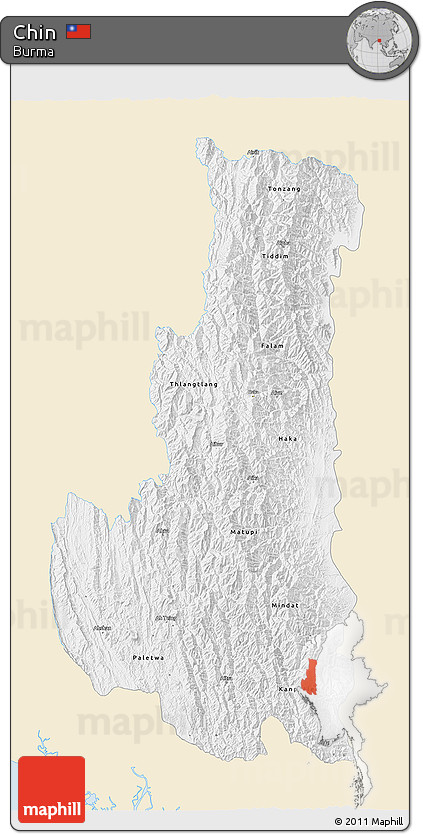 Classic Style 3D Map of Chin, single color outside