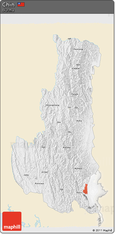 Classic Style 3D Map of Chin, single color outside