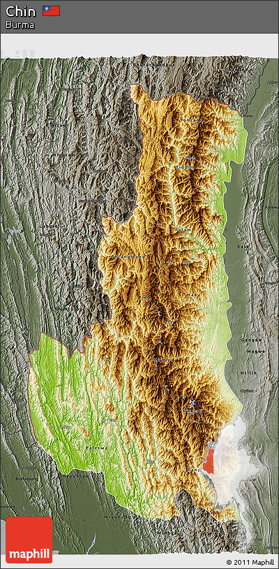 Physical 3D Map of Chin, darken, semi-desaturated