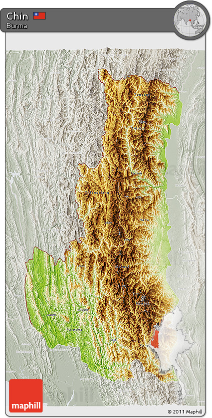 Physical 3D Map of Chin, lighten, semi-desaturated