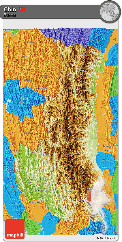 Physical 3D Map of Chin, political outside