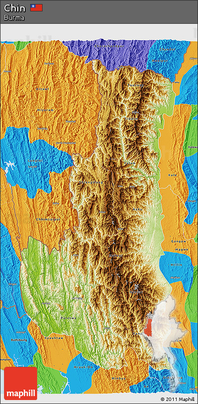 Physical 3D Map of Chin, political outside