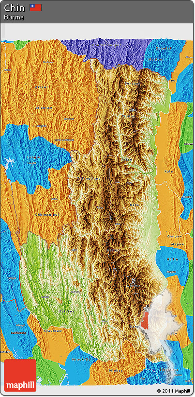 Physical 3D Map of Chin, political outside
