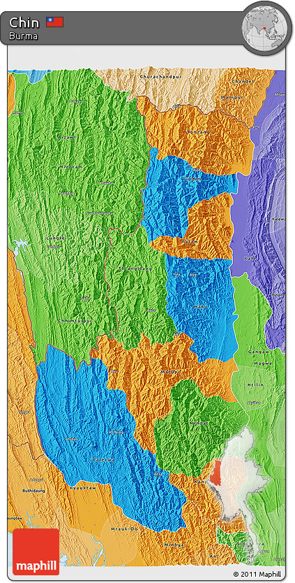 Political 3D Map of Chin, political shades outside