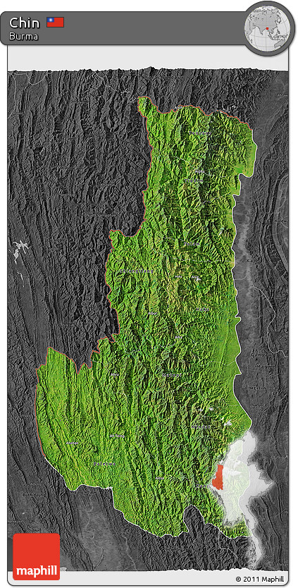 Satellite 3D Map of Chin, darken, desaturated