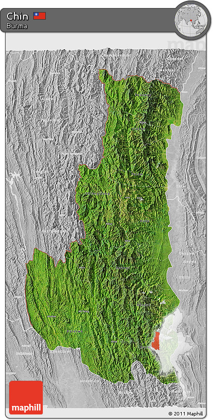 Satellite 3D Map of Chin, lighten, desaturated