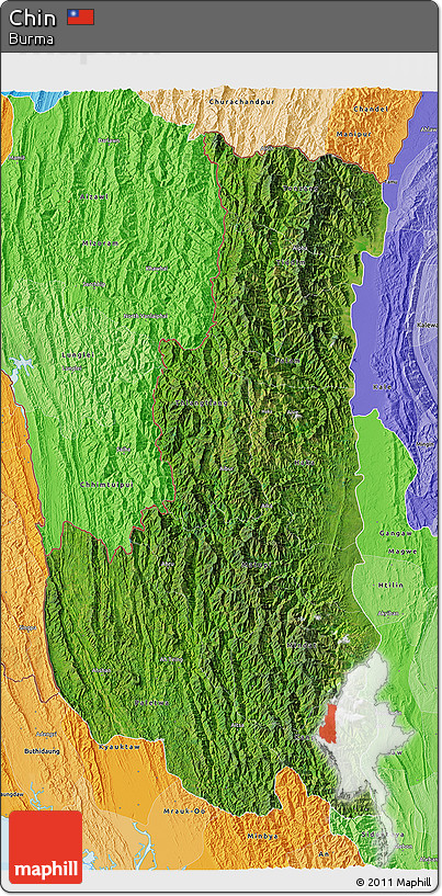 Satellite 3D Map of Chin, political shades outside