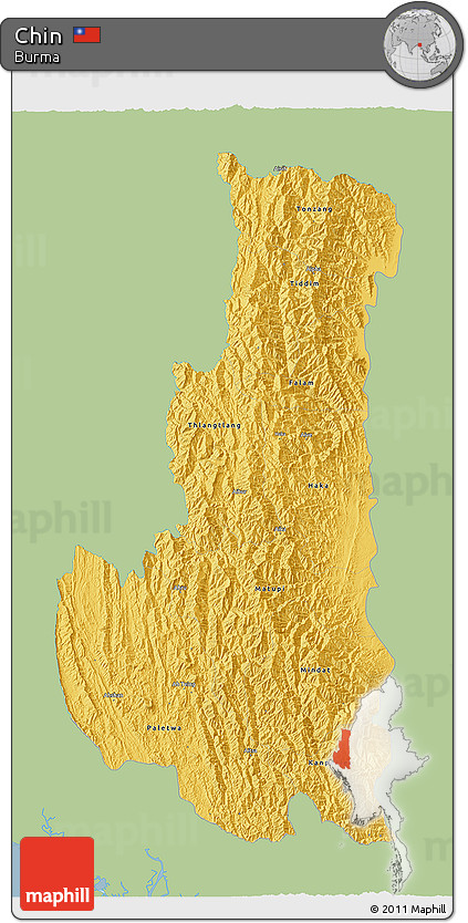 Savanna Style 3D Map of Chin, single color outside