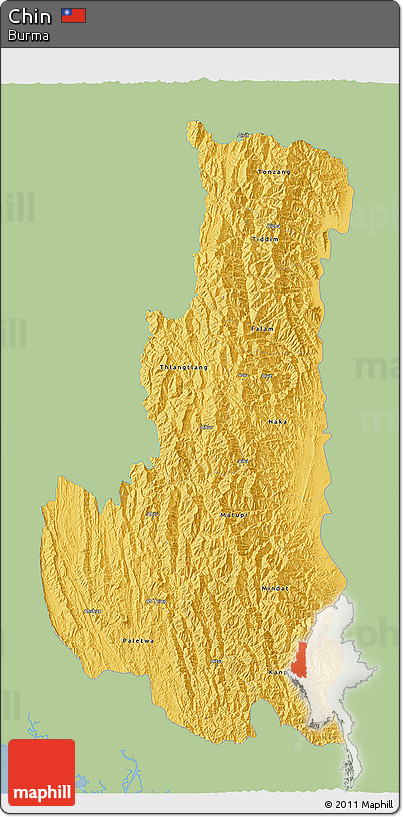 Savanna Style 3D Map of Chin, single color outside