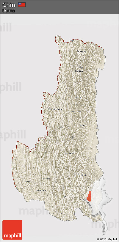 Shaded Relief 3D Map of Chin, cropped outside