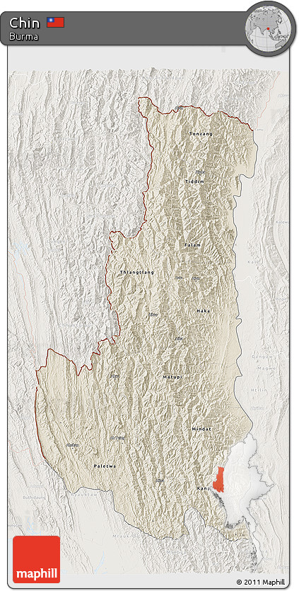 Shaded Relief 3D Map of Chin, lighten