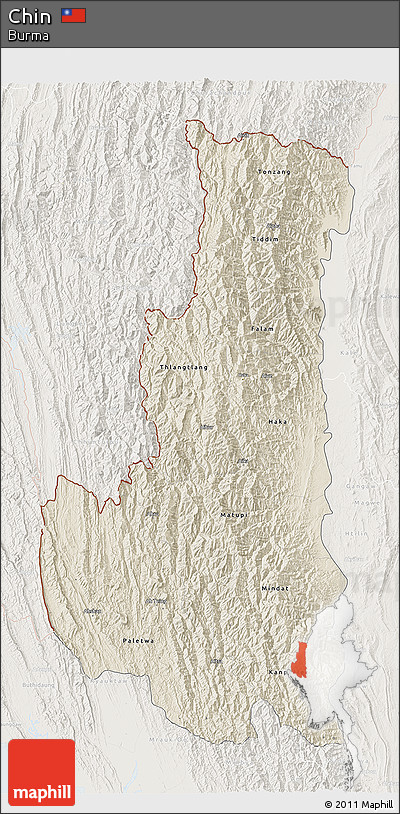 Shaded Relief 3D Map of Chin, lighten