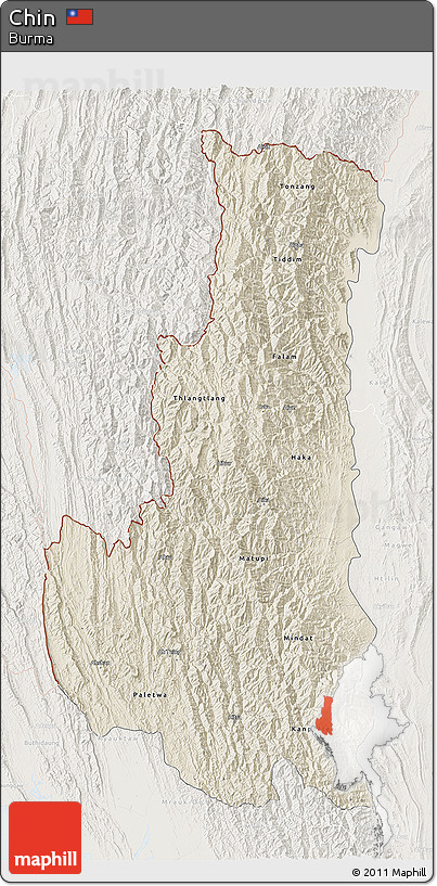 Shaded Relief 3D Map of Chin, lighten
