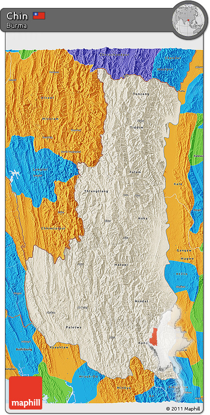 Shaded Relief 3D Map of Chin, political outside