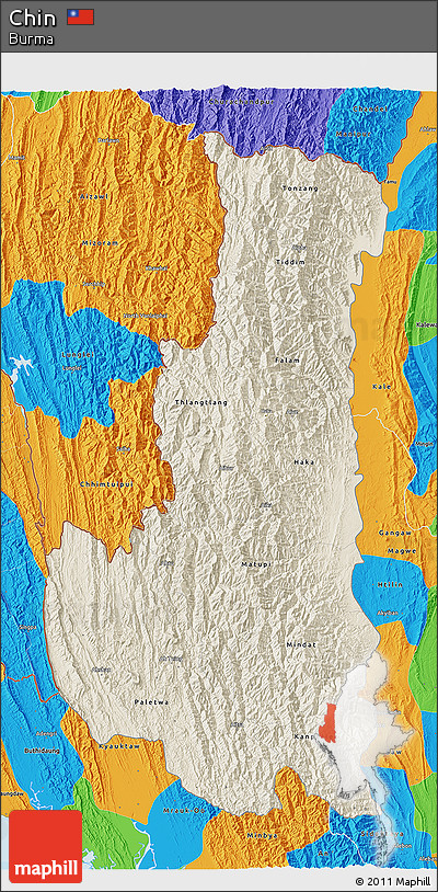 Shaded Relief 3D Map of Chin, political outside