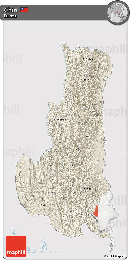 Shaded Relief 3D Map of Chin, single color outside