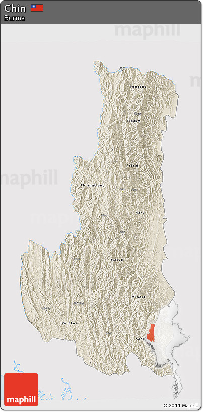 Shaded Relief 3D Map of Chin, single color outside