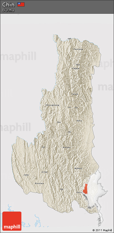 Shaded Relief 3D Map of Chin, single color outside