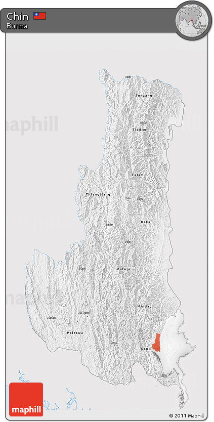 Silver Style 3D Map of Chin, single color outside