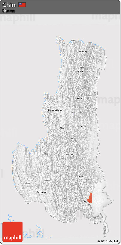 Silver Style 3D Map of Chin, single color outside