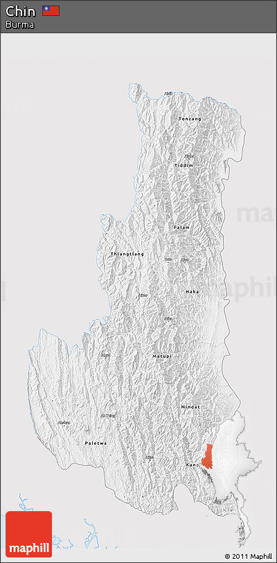 Silver Style 3D Map of Chin, single color outside