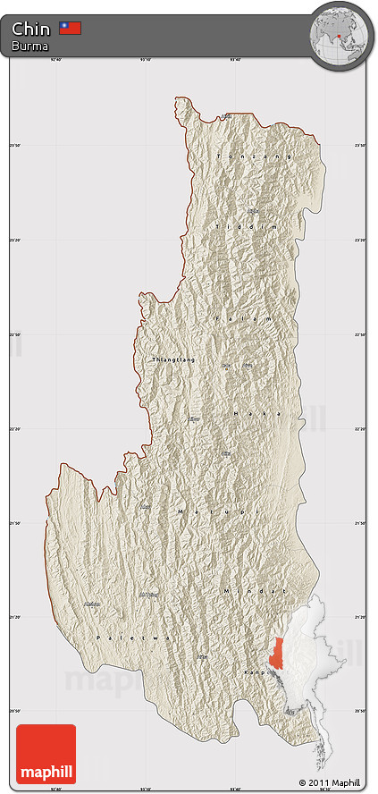 Shaded Relief Map of Chin, cropped outside