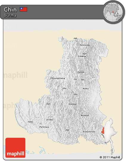 Classic Style Panoramic Map of Chin, single color outside