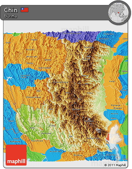 Physical Panoramic Map of Chin, political outside