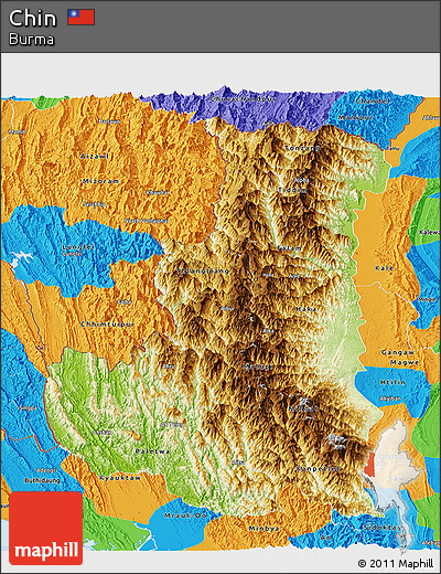 Physical Panoramic Map of Chin, political outside