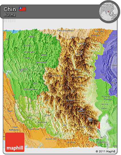Physical Panoramic Map of Chin, political shades outside