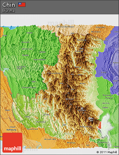 Physical Panoramic Map of Chin, political shades outside
