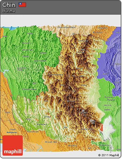 Physical Panoramic Map of Chin, political shades outside