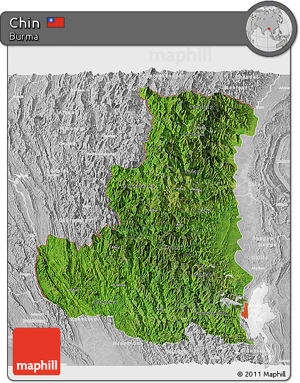 Satellite Panoramic Map of Chin, lighten, desaturated