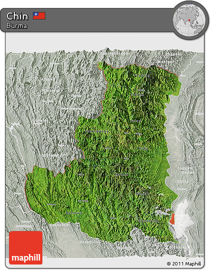Satellite Panoramic Map of Chin, lighten, semi-desaturated